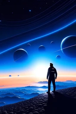 A man is looking at the stars while a huge planet rises beyond the horizon, several spaceships are flying in front of the planet.