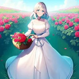 very gorgeous anime girl wearing a yellow and white dress ,standing in a meadow of flowers, spreading rose pedals on the ground. beautiful eyes and a stunning smile, blue eyes, two blue eyes, perfect nose and rosy cheeks and red lips. girl is holding a basket with flowers in it. girl has flawless face. simetrical face