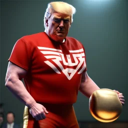 Realistic photo, Donald trump wrestler, wrestling dress, red short sweat, retro style, 80s, hot ambient, photo studio, smooth color, gradient, highly detailed, art stations, concept art, smooth, unreal engine 5, god rays, ray tracing, RTX, lumen lighting, ultra detail, volumetric lighting, 3d, finely drawn, high definition, high resolution.