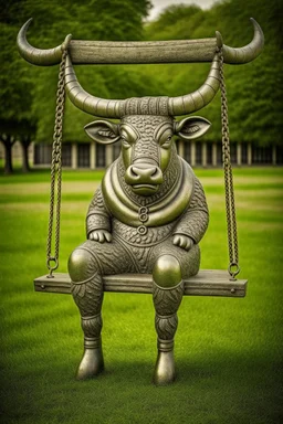 senile bull with viking helmet on a swing