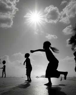 children playing on the indian street capture them against the sun and make an art silhouette, details, sharp, black and white 8k