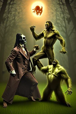 Frankenstein monster and the wolfman fighting each other as Dracula stands by and watches