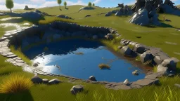 Shattered port on a cliff in a grassy wasteland with hunting and potable water from a pond.