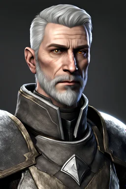 An old male imperial legionnaire from Skyrim with brown eyes, short gray hair and a light beard