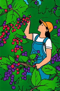 A person picking berries from a bush in a forested area in Alberta during the summer season. Suddenly they notice a plant with large, colorful berries and realize that it's deadly nightshade. They quickly back away and call for help.