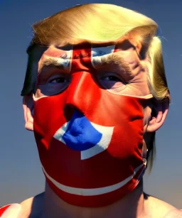 Realistic image of Donald trump wrestler, Mexican wrestling style, Mexican wrestling mask, chin and nose visibles, red and blue breeches, glow us flag dress, suspenders, retro style, 80s, vibrant color, highly detailed, sky background, concept art, unreal engine 5, god rays, ray tracing, RTX, lumen lighting, ultra detail, volumetric lighting, 3d, finely drawn, high definition, high resolution.