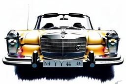 a true-to-life 1962 Mercedes Benz 300SE Convertible, centered, intricate, extreme detailed, photorealism, center view, city background, pivot on mercedes, pen and color marker, painting by cheryl kelley