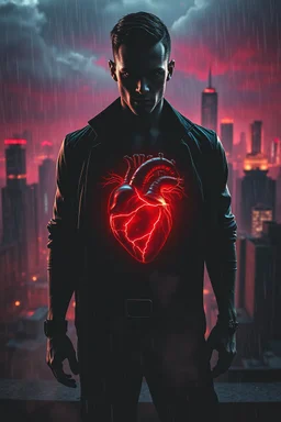 ANIMAL HEART album cover, dark-pop industrial rock anthem, cinematic cyberpunk city at midnight, charismatic male silhouette on rooftop, glowing black chrome anatomical heart with red energy veins floating in chest, electric rain, neon lights, smoke, sparks, storm clouds, futuristic dystopian atmosphere, seductive, rebellious, epic, powerful, emotional tension, high contrast, deep blacks, crimson red highlights, luxury music branding, dramatic volumetric lighting, cinematic shadows, hyper-realis