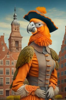 Female Half parrot half human in a old 1700s orange Dutch uniform in front of a Dutch city