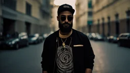 a single man, an Arab from the Middle East, he has a beard, who wears a gold chain, with a t-shirt marked ODK, wears a black baseball jacket with the mark ODK, which bears black sunglasses, with a black baseball cap with the initials ODK. at night, in the city center, at night.