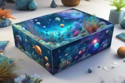 hyperrealistic, 4k, box for storing things with beautiful drawings a lot of colours, very detailed, subnautica, sea plants, planets space, galaxies,