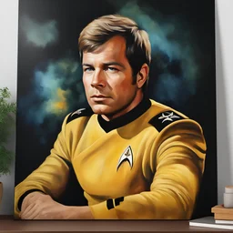 Captain James T. Kirk, Facial Portrait, dark, multicolored watercolor stained wall in the background, oil painting in the art style of Boris Vallejo, 32k UHD, Hyper realistic, photorealistic, realistic, sharp, highly detailed, professional quality, beautiful, awesome, majestic, superb, trending on artstation