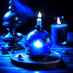 A blue manapotion, magic item on top of a wooden table, a candle next to it.