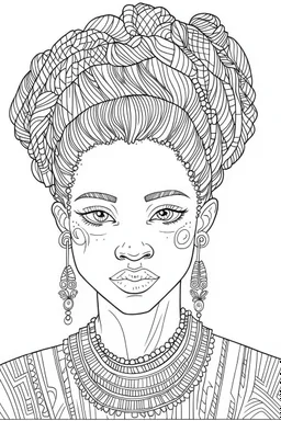 front position african girl face with beautiful hairstyle coloring page