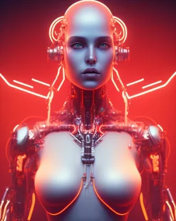 A beautiful portrait of a cyborg body women red color scheme, high key lighting, volumetric light high details psychedelic background