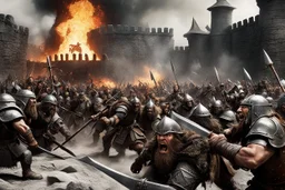 (photo of a movie by Ray Harryhausen) Epic dynamic spread, graphic movie style. Subject: Chaotic battle scene during Dwarven defense against Orcs on the fortified wall. Foreground: Gritty, muscle-bound Dwarven warrior with flame-beard swinging an axe into an Orc helm, intense rage expression. Midground: Phalanx of armored Dwarves defending battlements, dropping stones and tar. Background: Endless tide of attacking Orcs with scaling ladders, five armored Trolls pushing a ram at the wall base. Wa