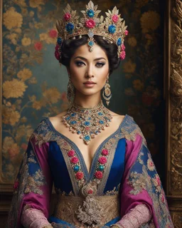 A length Photography of a beautiful woman standing in luxurious traditional clothing, wearing beautiful and detailed jewelry, and richly colored and embroidered clothing. A large, colorful and luxurious crown or headdress, decorated with jewels. A large necklace and earrings that match her headdress. Colorful floral embroidery on the sleeves and bottom of the dress. Dress with a combination of dark blue, pink, gold, green and orange. The background is a magnificent building similar to a pala