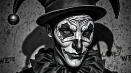 A close-up, black and white, portrait of a jester with a cracked, weathered texture. The jester wears a traditional jester's hat with a bell on one side, and a diamond-patterned mask covering the eyes. The mask is also cracked and peeling, adding to the aged and distressed aesthetic. A ruffled collar frames the jester's neck. The background is textured and appears to be a distressed wall. The lighting is dramatic, casting shadows that emphasize the jester's features and the textures of the image