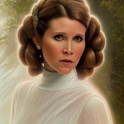 hyperspace background, complete and photo realistic detailed head to waist stunning photo realistic portrait of carrie fisher as Princess Leia in star wars with photo realistic wedding hairstyle by Mandy Jurgens and mucha and Richard Schmid and chuck close and chie yoshii, extraordinary and detailed ceremony dress of star wars,brown eyes