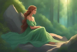 a fantasy digital art of a cartoon style young woman sitting with her head on her hands , wearing a long dress on a rock, and the background is a green forest . The style is cartoon-like and the light is touching the girl who seems bright and lively. Beautiful face, realistic but the colors and textures make it fantasy like , beautiful woman