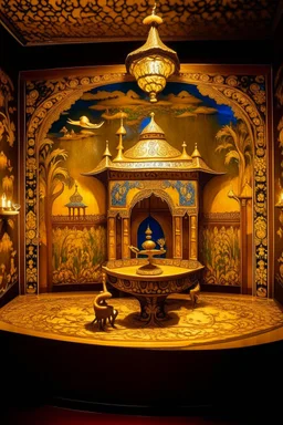 A golden Arabian palace with a magic lamp designed in Javanese shadow puppets painted by Georges Seurat