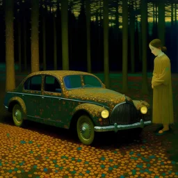 A lonely girl and her car in twilight forest painted by exoresssionist Klimt