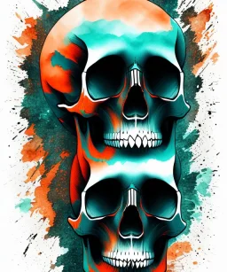 minimal lineart skull. watercolor and ink. black background. teal and orange