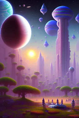 a close view of A visit to an alien world, explorers disembarking for the first time being greeted by aliens, kelly freas, in the style of retro futurism, Simon Stålenhag and Bob Eggleton, insanely detailed, terrifying: abstract art complementary colors fine details,