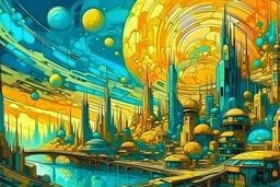 view of a futuristic city in the style of van gogh