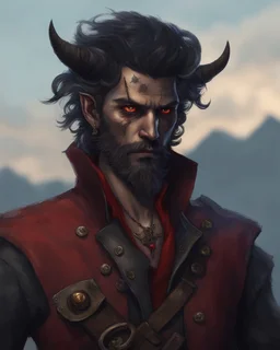 fantasy demon tiefling horned, small ram horns, rogue criminal, gunslinger pirate pistol, gray ashen skin, pirate gear, red eyes, black neck length hair, short black beard