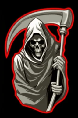 hooded Grim-Reaper gripping scythe, vignette, black and white graphic novel style with a red outline, and black background,