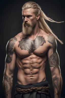 tall and muscular epic warrior man, blonde hair tied in a long braid, long beard, bare chest, with tattoos all over his body. With an evil look on his face.