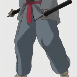 gray-haired young man with katana in black baggy jaket