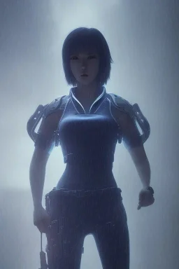 Motoko Kusanagi, raining, nostalgic, cold, dark blue, gloomy, heavy fog, 8k photorealistic, cinematic lighting, high details, dramatic, atmosphereric