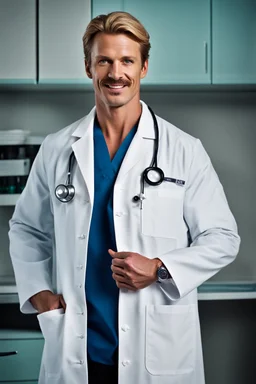 Mid-thirties, Caucasian male doctor, kind smile, blonde hair (slightly disheveled) blonde thick mustache, pale blue eyes, broad shoulders, muscular, six foot, Hawaiian shirt under white lab coat, bloodstains at the edges of the lab coat. Strong Jaw line, surrounded by shadows, photo realistic