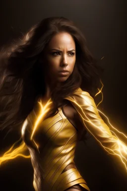 woman that is a superhero and has lightning powers. her superhero suit contains a light gold color and her hair is a brunette. there is lightning surounding her in a dark background. with a eletric lasso. has a GYATT. there is lightning surounding her