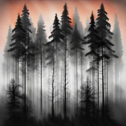 silhouette of tall dark trees, black, gray colors, surreal, foggy, mesh, red-gray-orange background, painted, lacy pattern melting, dreamlike scene, blurred with wet ink, masterpiece