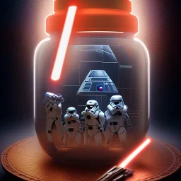 Star wars characters in a jar floating, super high resolution, professional photograph, in focus, beautiful detail, professional digital art, stunning 4k, volumetric light, Award-winning photograph, photography, tokio background