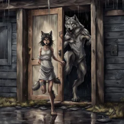 fantasy digital art of a young girll anthro wolf have gray hairy wolf body gray paws, and wears just a short canvas rag around her waist , she have sadly face in the rain kicked out of the house, falls towards the camera, behind her an tall angry anthro wolf man just in dark gray body hairy kicks she out the door with his foot, behind in rustic halb open door in an massive wooden house, rainy day, detailed, fantasy mood