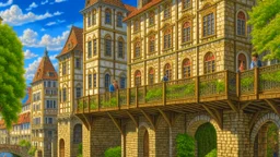 medieval buildings with balconies overhanging a river, blue sky and people, photorealism, trees, foliage, piers, intricate detail, ultra-sharp image, sharp focus