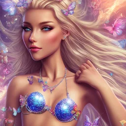  lying down beautiful face princess blond fairy smiling with sparkle jewel bikini and butterflies in hair magic