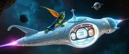 portrait of space captain, gremlin, priest psycho, celtic knot hollow tube transparent core ornate indented space ship, shiny bright mega ship flourescent white blue like bubble gum with a few big windows and decks, interdimensional twister, rock against colored spaced fog, space interior. split tail, winged serpent, glowing aura