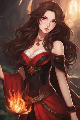 A confident looking young woman with pale skin and long brown hair in a fantasy setting with intricate details. She is wearing black and red, has red eyes, She is a fire mage. Anime style. High definition