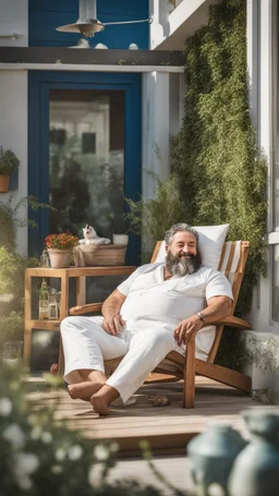 half figure photography of a turkish bearded dock worker 50 years old, with a little cute white cat sleeping, shirtless, white overalls, tattoo, burly chubby, muscular and strong, big shoulders, short curly hair, on the terrace full of plants, on the deckchair, under the sun, relaxing, photorealistic , frontal view from the ground