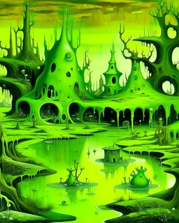 A lime green city near a swamp with frogs designed in African pottery painted by Salvador Dali