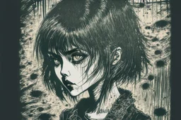 create a disturbing horror full body pen and ink sketch of a dark haired, savage, gothpunk vampire girl with highly detailed , sharply defined hair and facial features, in a dark, otherworldly London in the style of Junji Ito, precisely drawn, inked, with dramatic edges,