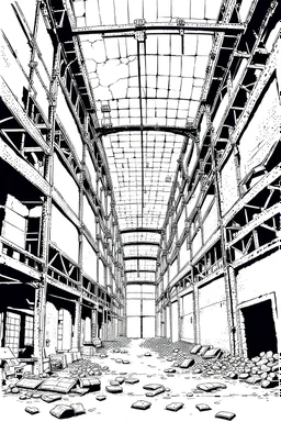 Abandoned industrial warehouses, line arts, manga style