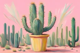 messy and playful painting of a tall cactus in a pastel yellow pot, with soft pastel pink background, van gogh style