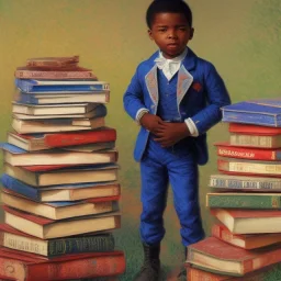 Smart African American young boy on pile of books by Monet