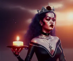 Rita ora, 1800s, witchcraft, long curly black hair, choker, pentagram, black rose, Victorian dress, silver crown, blood, candle burning, castle